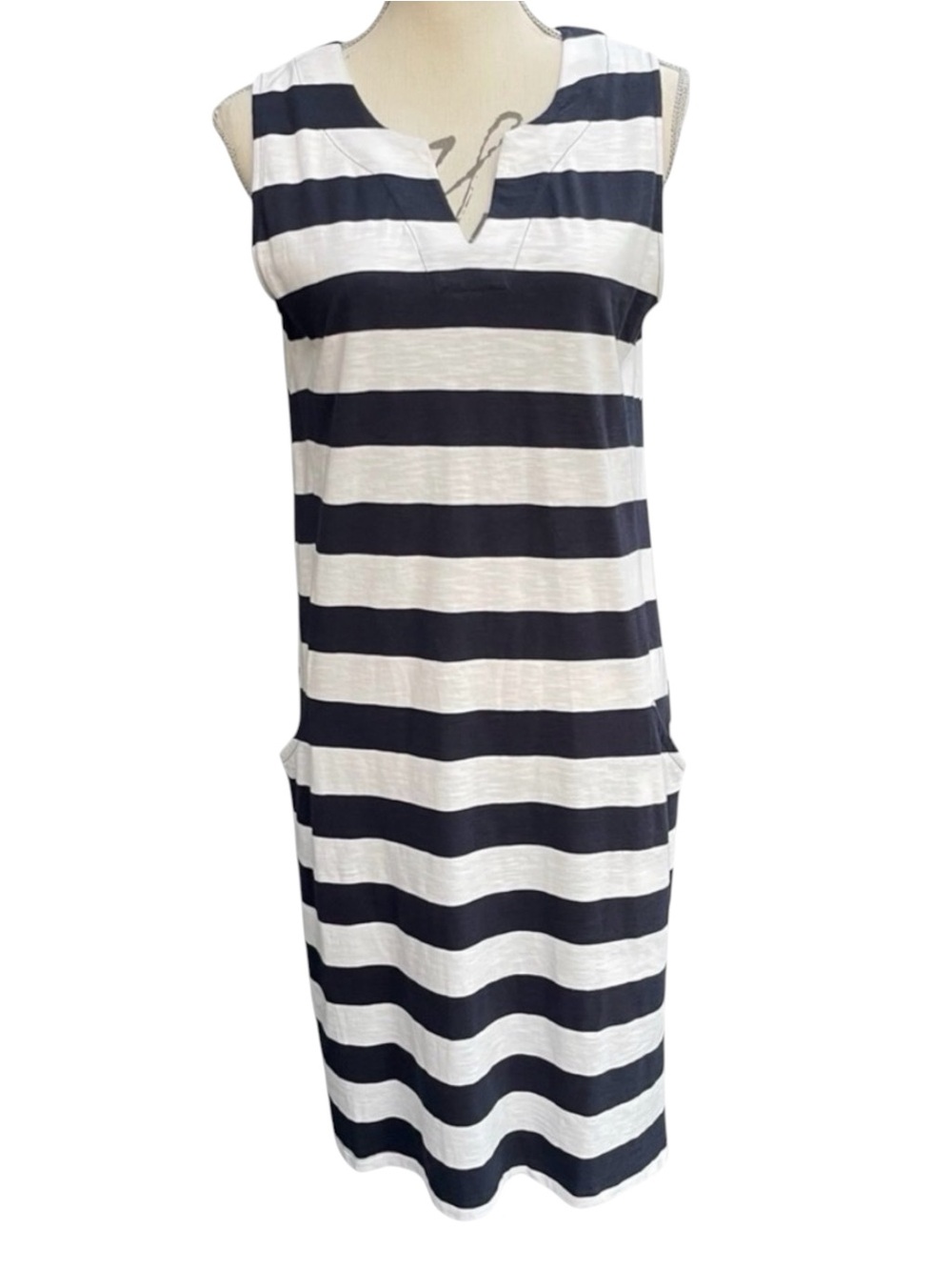 FOIL Navy/White Cotton Bold Stripe V-Neck Sleeveless Pocket Shift Dress (S)